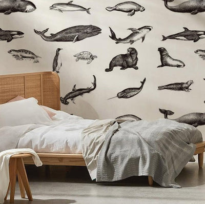 Marine Life Sketch Monochrome Mural Wallpaper