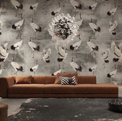 Elegant Cranes Grey Vintage Mural Wallpaper