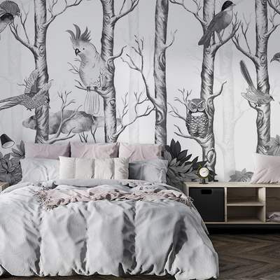 Monochrome Forest Birds Mural Wallpaper