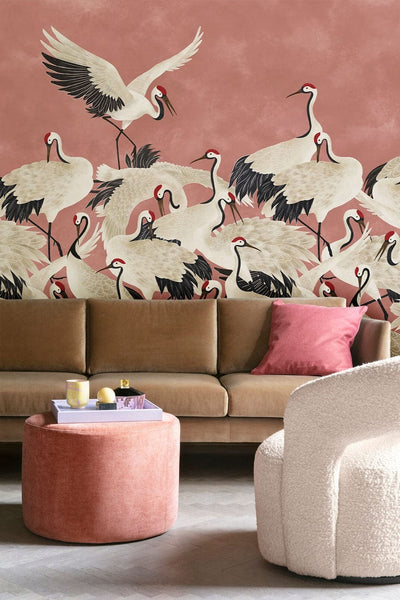 Elegant Pink Crane Bird Mural Wallpaper