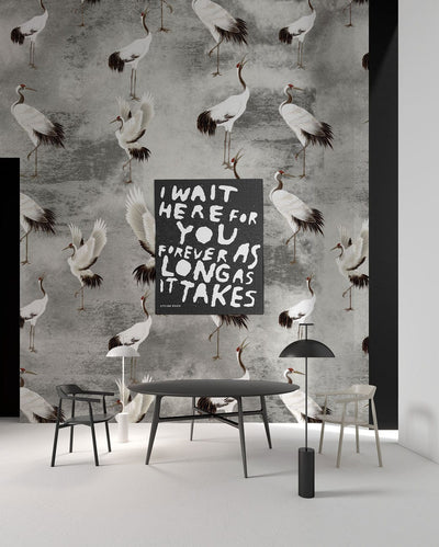 Elegant Cranes Grey Vintage Mural Wallpaper
