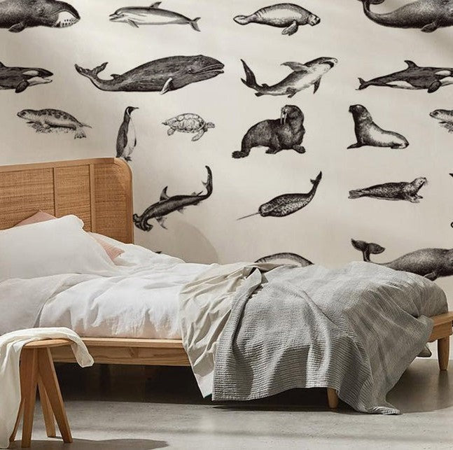 Marine Life Sketch Monochrome Mural Wallpaper