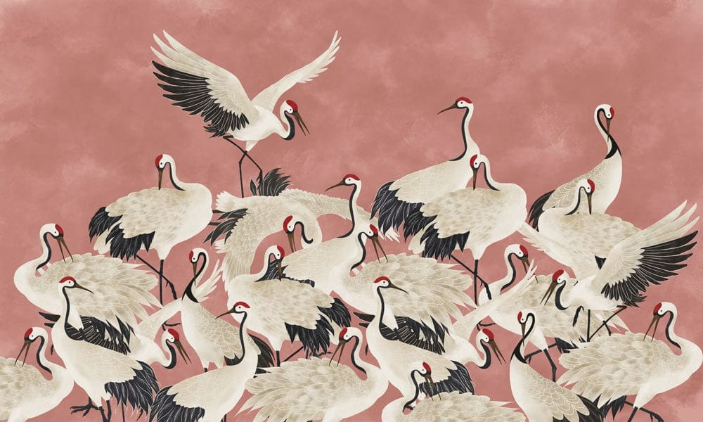 Elegant Pink Crane Bird Mural Wallpaper