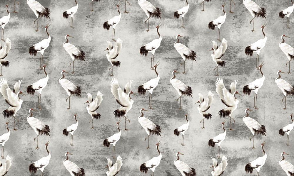 Elegant Cranes Grey Vintage Mural Wallpaper