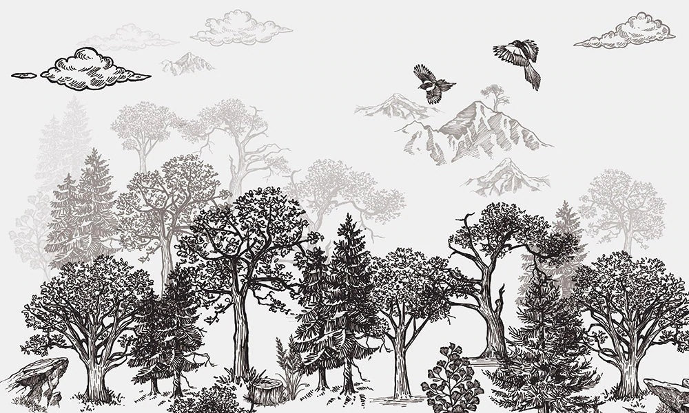 Vintage Nature Landscape Monochrome Mural Wallpaper
