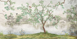 Serene Asian-Inspired Lakeside Landscape Mural