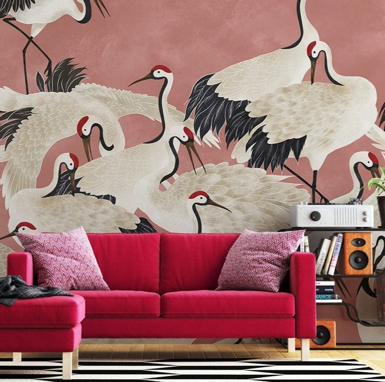 Elegant Pink Crane Bird Mural Wallpaper