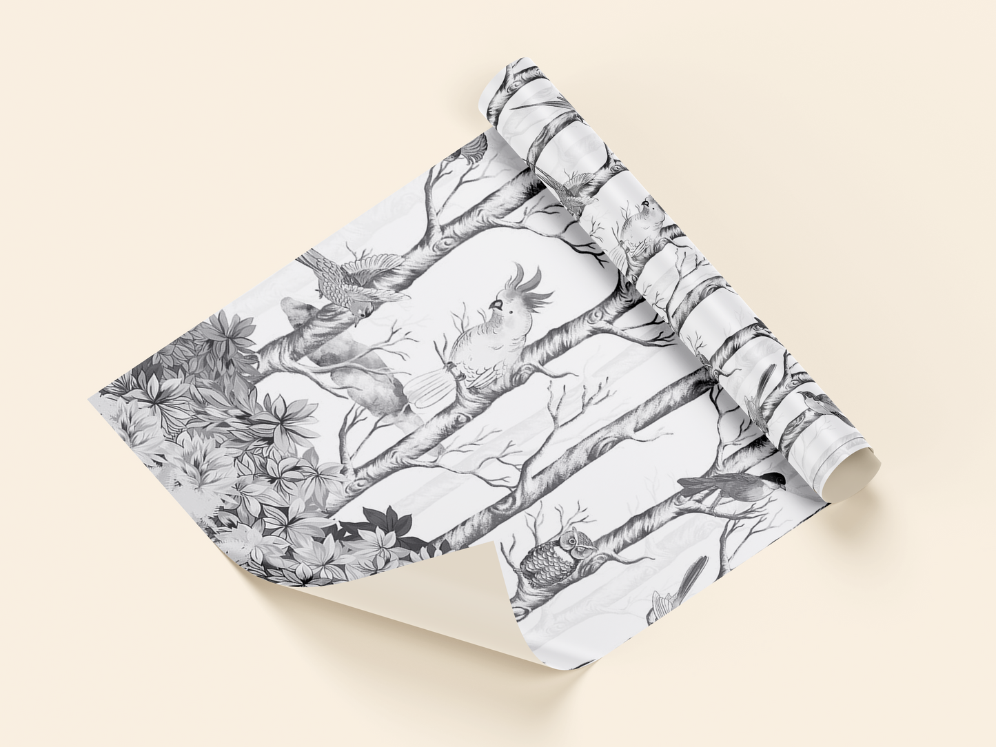 Monochrome Forest Birds Mural Wallpaper