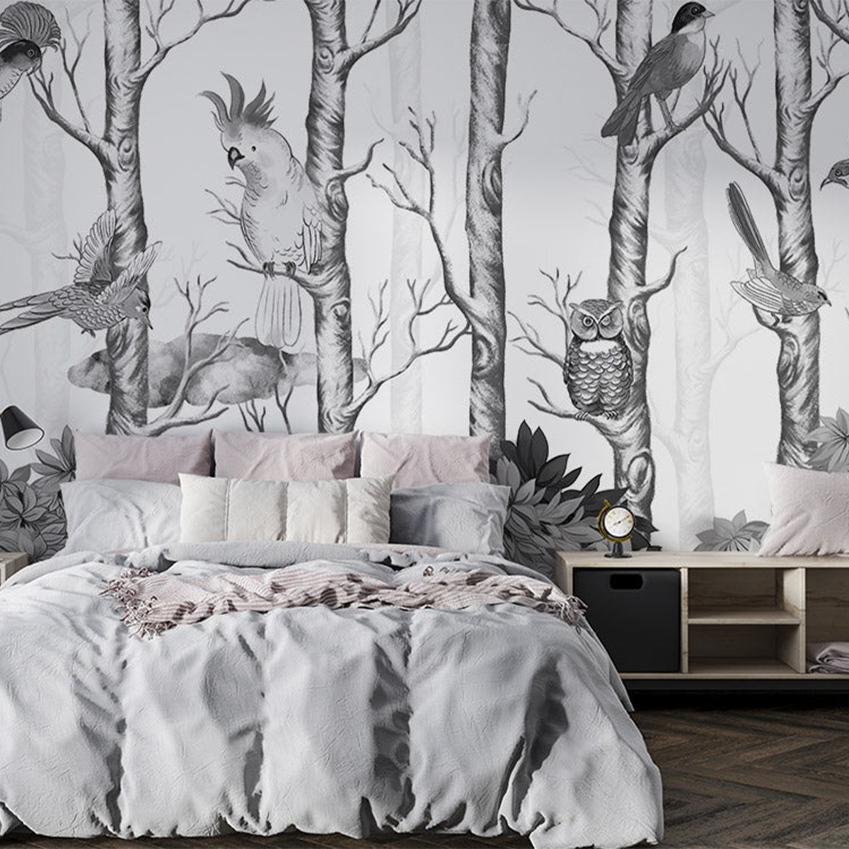 Monochrome Forest Birds Mural Wallpaper