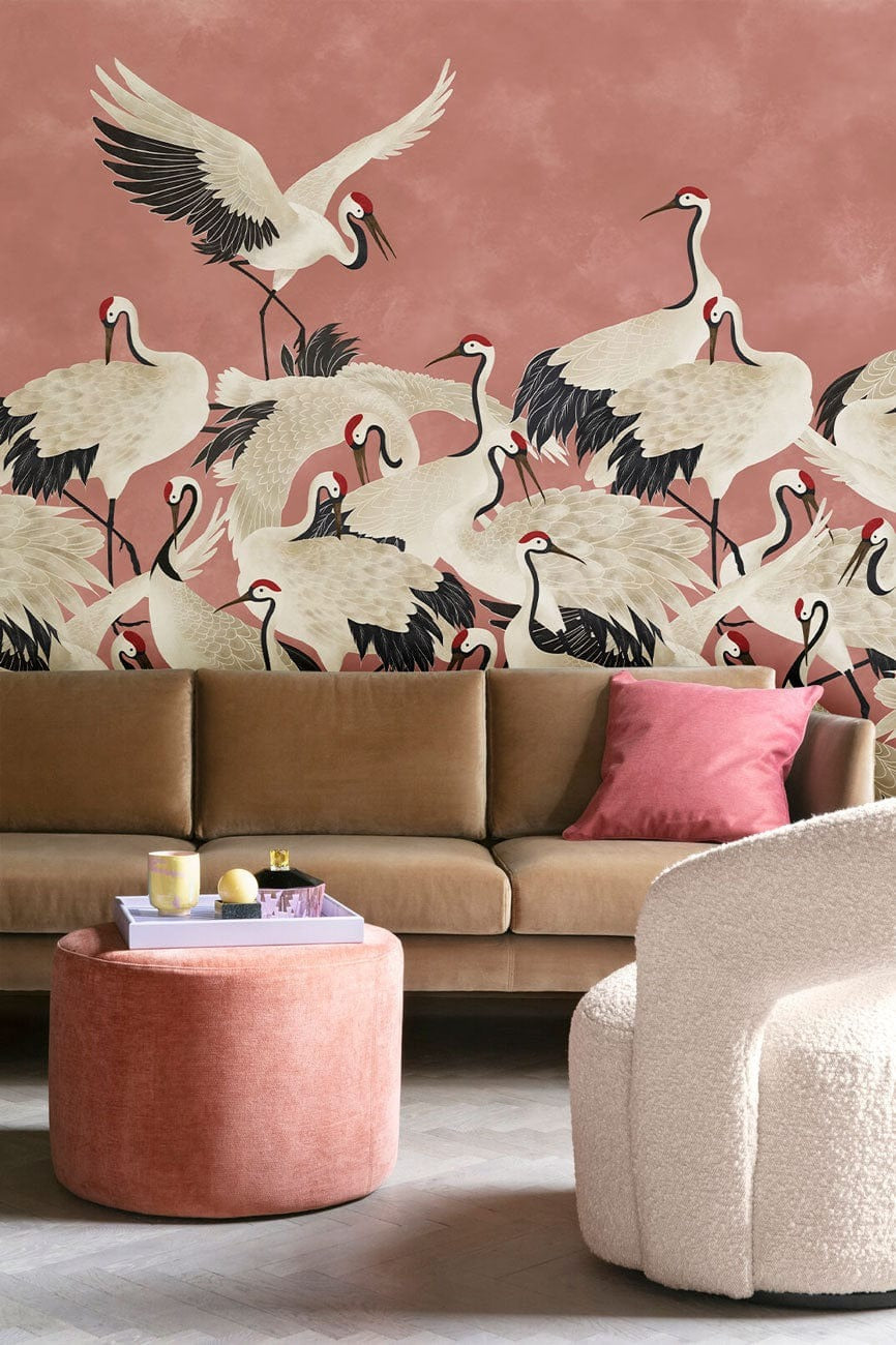 Elegant Pink Crane Bird Mural Wallpaper