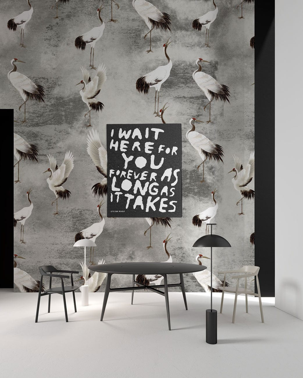 Elegant Cranes Grey Vintage Mural Wallpaper
