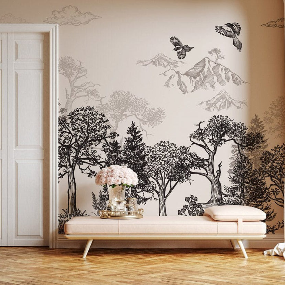 Vintage Nature Landscape Monochrome Mural Wallpaper