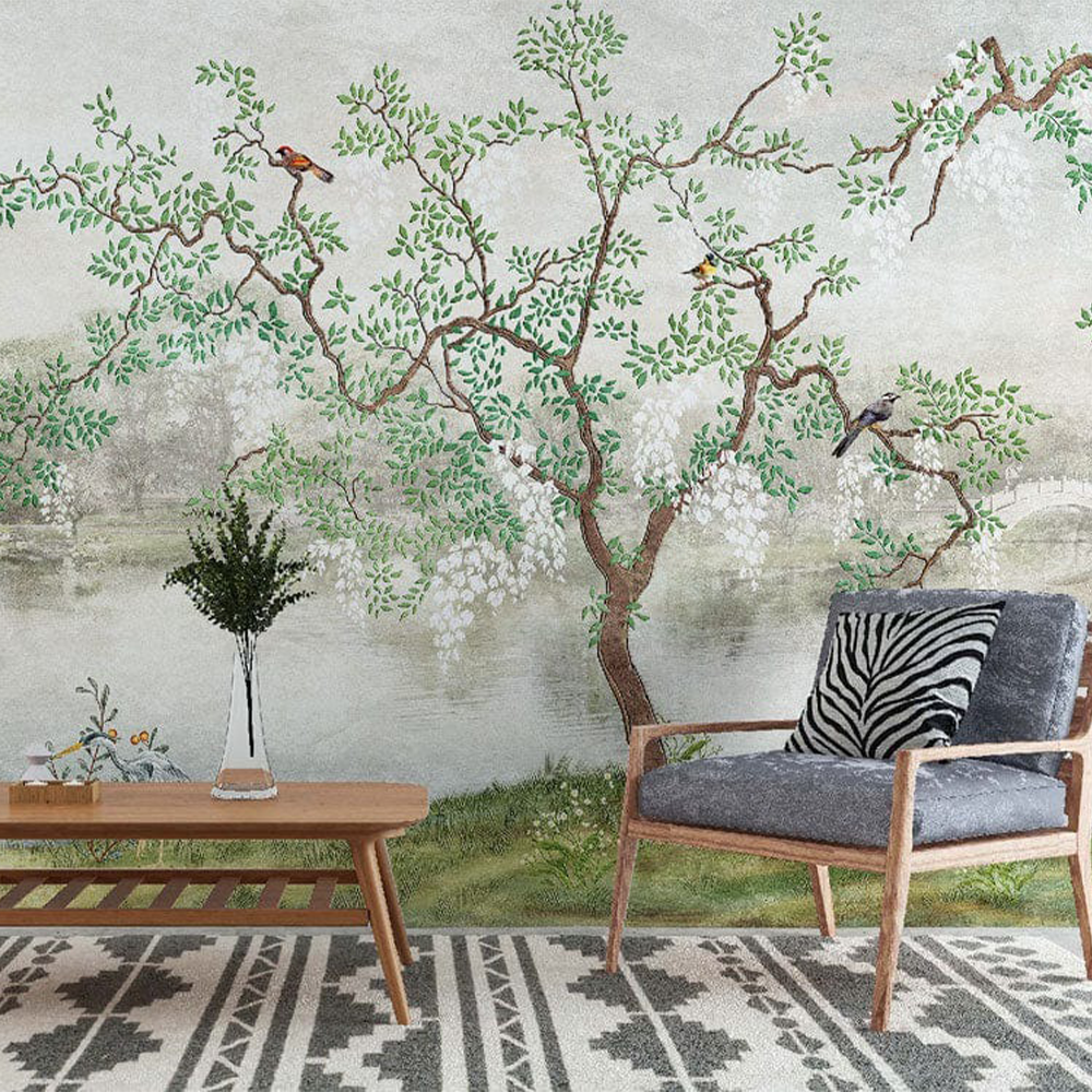 Serene Asian-Inspired Lakeside Landscape Mural