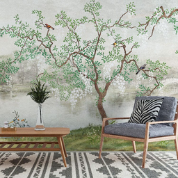 Serene Asian-Inspired Lakeside Landscape Mural