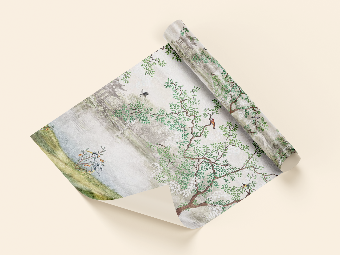 Serene Asian-Inspired Lakeside Landscape Mural